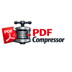 PDF Compressor logo with red PDF file icon being compressed by a metal clamp symbolizing file size